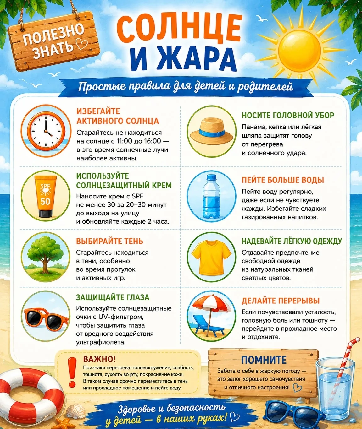 🌞 Солнце и жара: важные правила безопасности

Летняя жара может быть опасной для здоровья детей, по