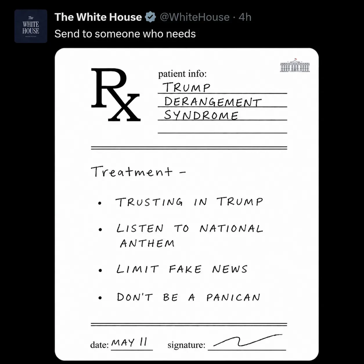 In Trump we trust! Это уже культ личности или еще нет? Белый дом выдал «справку» людям с «синдромом 