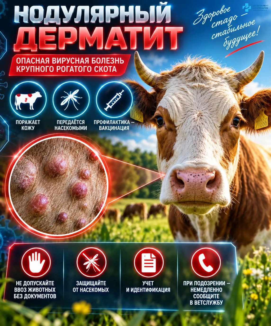 ❗ Нодулярный дерматит (заразный узелковый дерматит) — вирусная болезнь крупного рогатог...