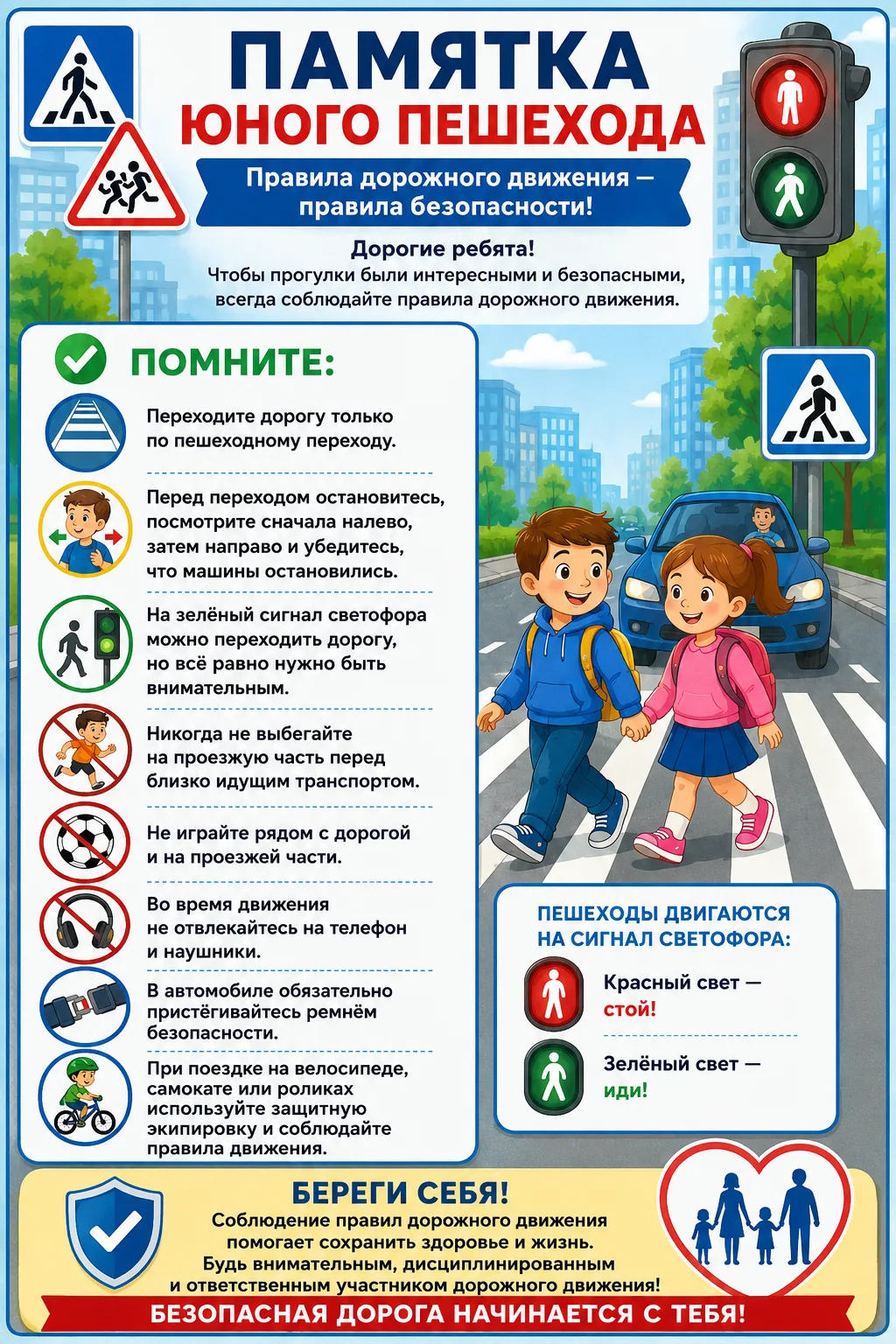 ПАМЯТКА ЮНОГО ПЕШЕХОДА

🚦 Правила дорожного движения — правила безопасности!

Дорогие ребята!

Чтоб