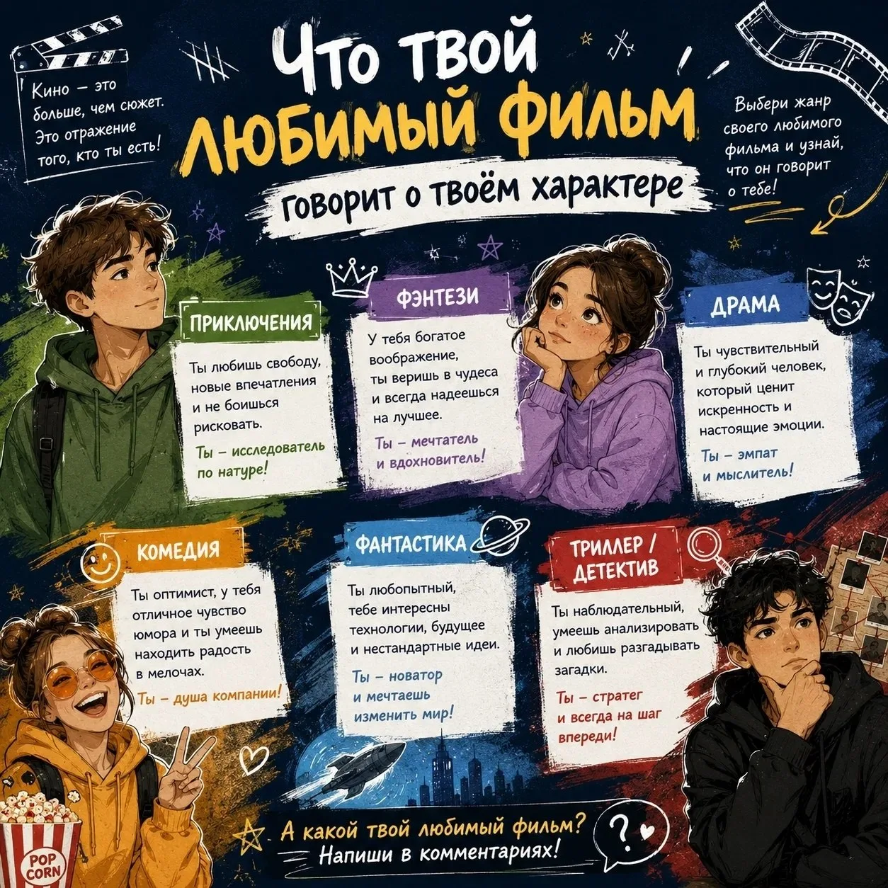 🤔 Почему одним людям нравятся комедии, а другим – детективы?

Предпочтение определённого киножанра 