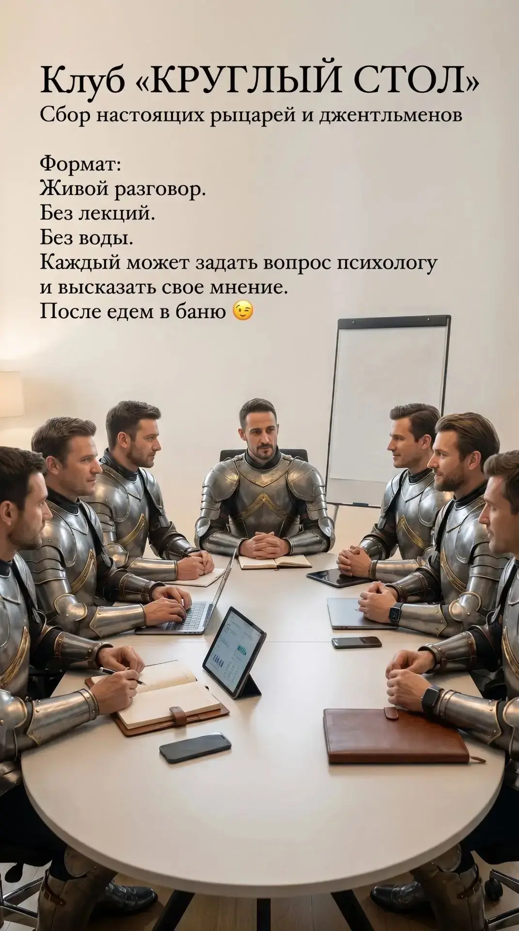 Тема встречи:
Тайм-менеджмент, колесо баланса, ценности, цели и потребности мужчины.

Формат:
Вопрос