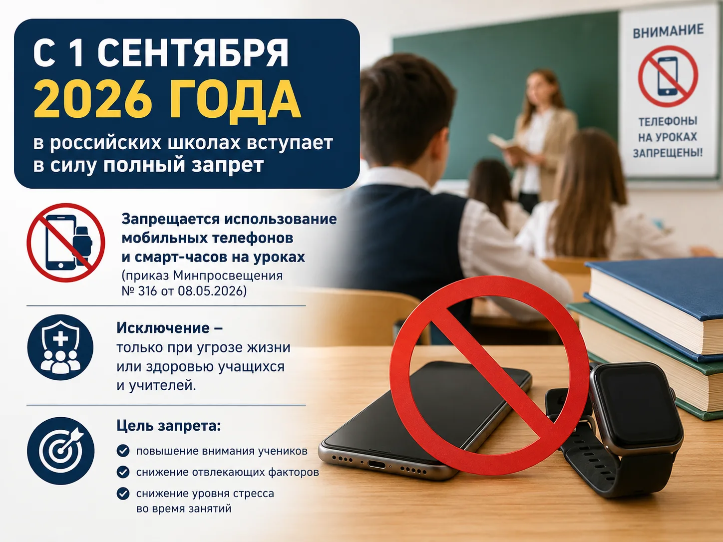 📱 В российских школах вступил в силу полный запрет на мобильные телефоны на уроках