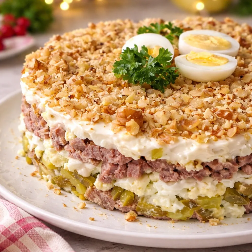 САЛАТ, КОТОРЫЙ ЗАМЕНИТ ВСЕ ЗАКУСКИ: СЫТНЫЙ «ПРИНЦ» С МЯСОМ И ОРЕХАМИ Плотный, насыщенный и выразител