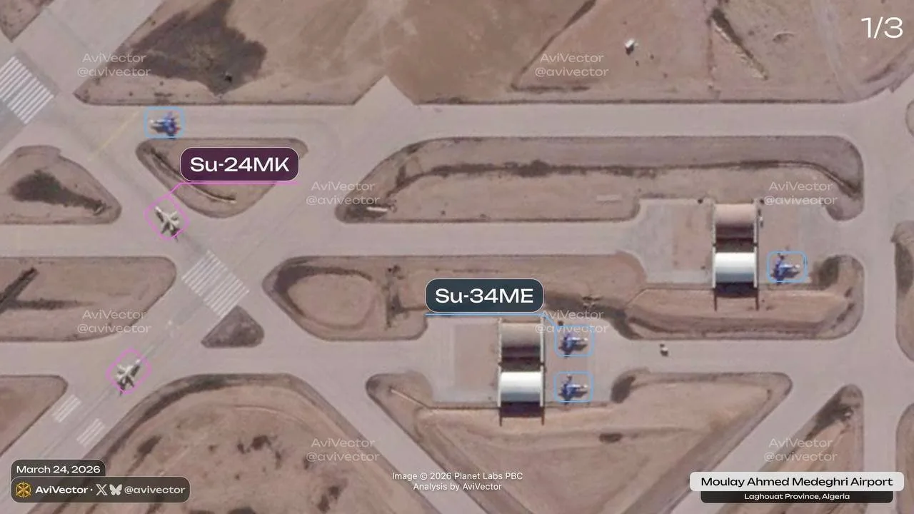 Алжирские Су-34МЭ в аэропорту имени Мулая Ахмеда Медегри, попавшие на спутниковый снимок.

Военный О