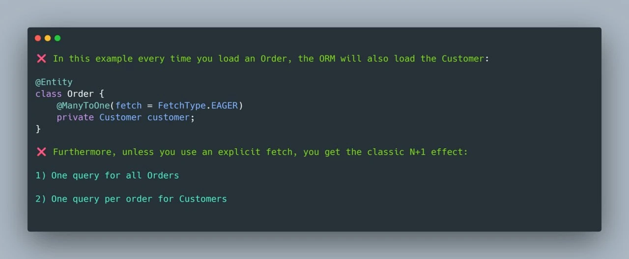 Spring Boot: избегай FetchType.EAGER, если в этом нет реальной необходимости.

❌ Пометка связи как E