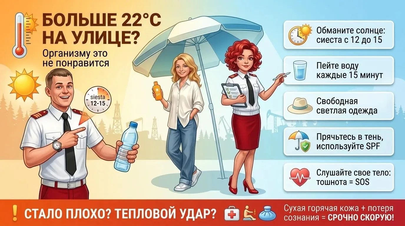 Больше 22 градусов на улице, а вам нужно работать на солнце? Спойлер: организму это не понравится.
 