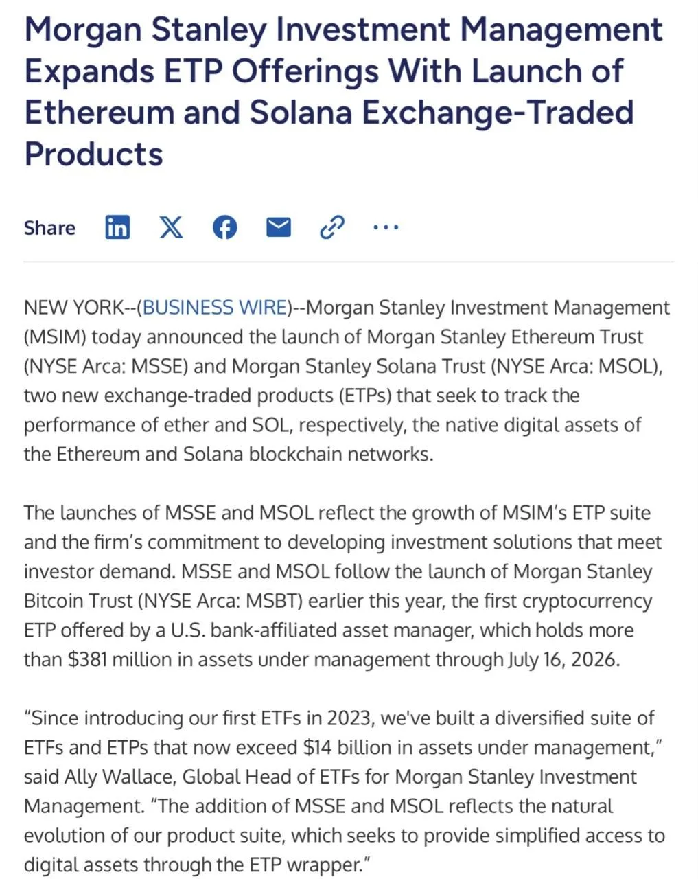 Сегодня в США пройдет листинг спотовых Ethereum и Solana ETF от Morgan Stanley.

Тикеры: MSSE и MSOL