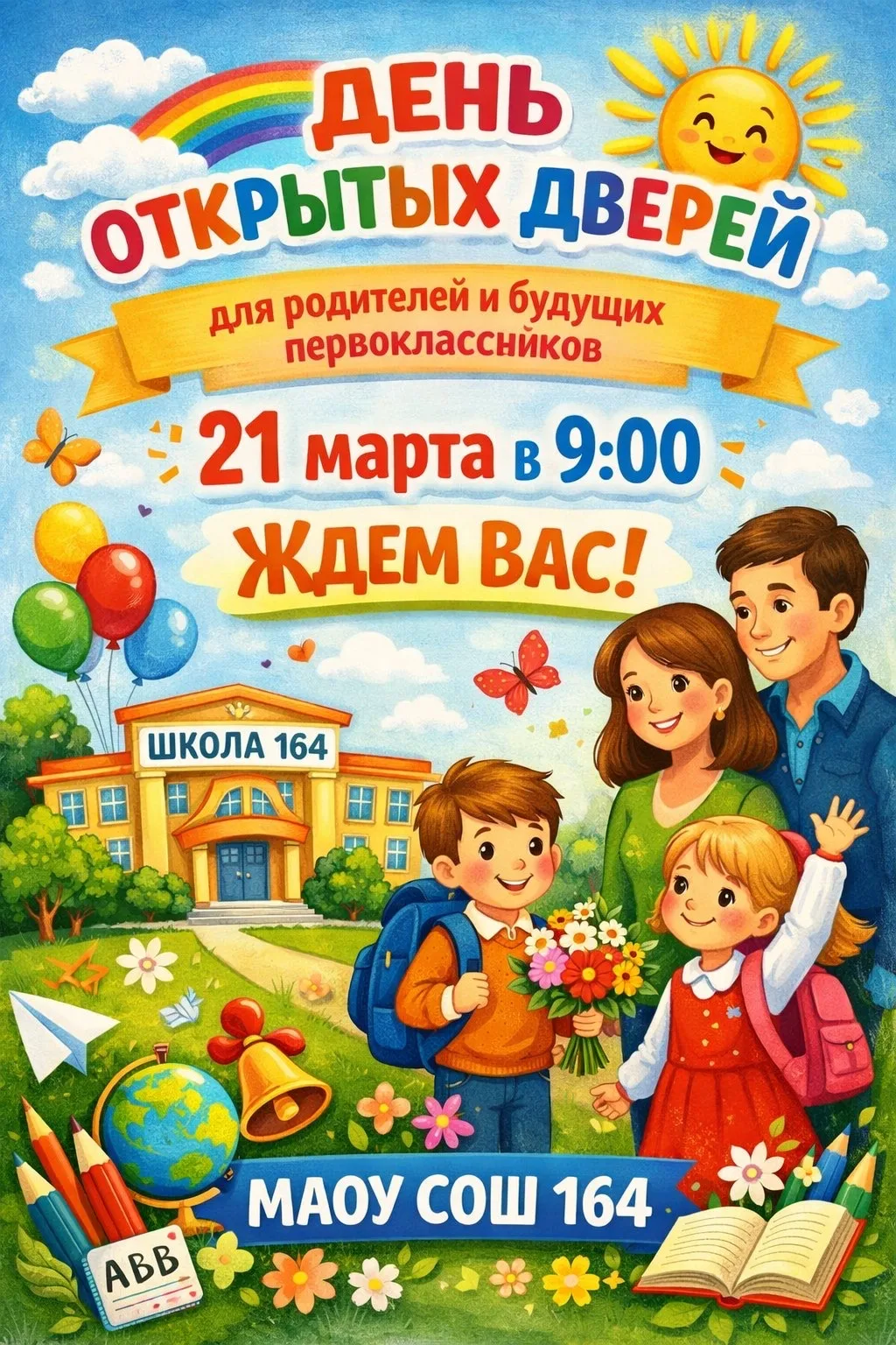 Приглашаем на День открытых дверей для будущих первоклассников👩‍🎓🔔!    📅 Дата: 21 марта   🕘 Время: 9