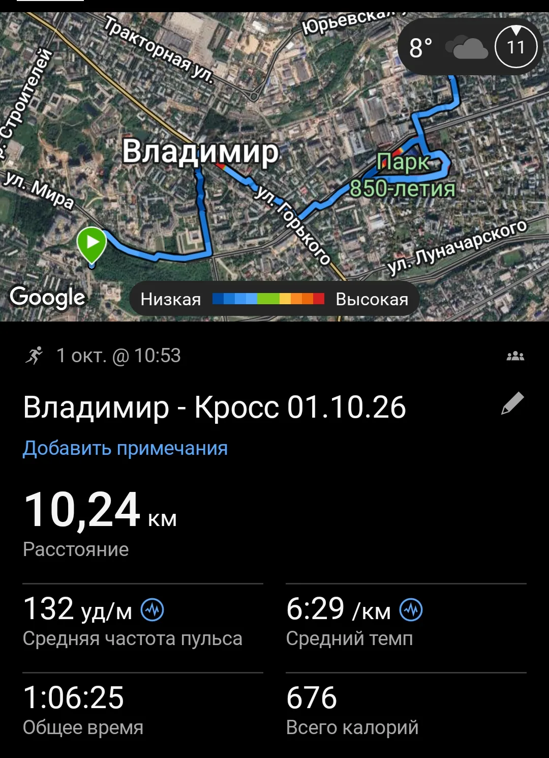 Сегодня был кросс на лёгком пульсе с короткими ускорениями по 30 секунд.