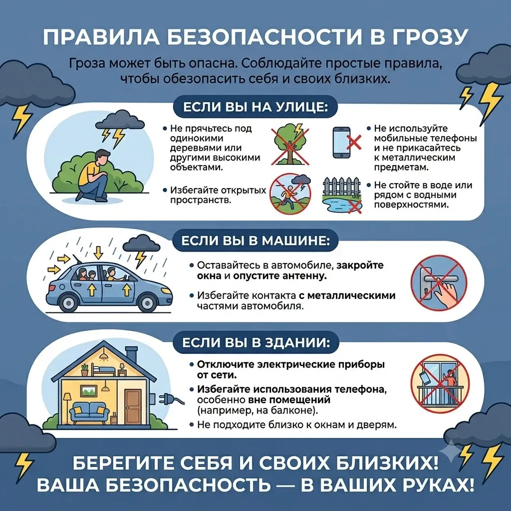 ⚡ Безопасность в грозу: защитите себя и близких! ⚡
Гроза — непредсказуемое и потенциально опасное я
