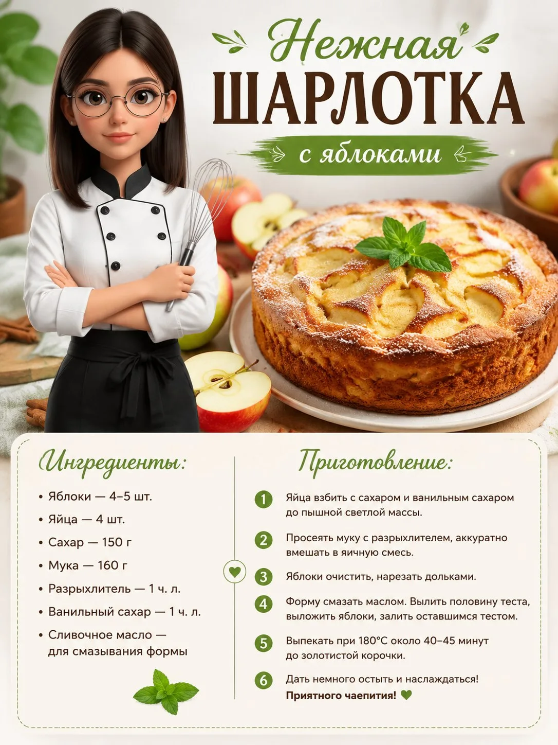 🍎✨ Пятничный рецепт от Елизаветы: Яблочная шарлотка!
