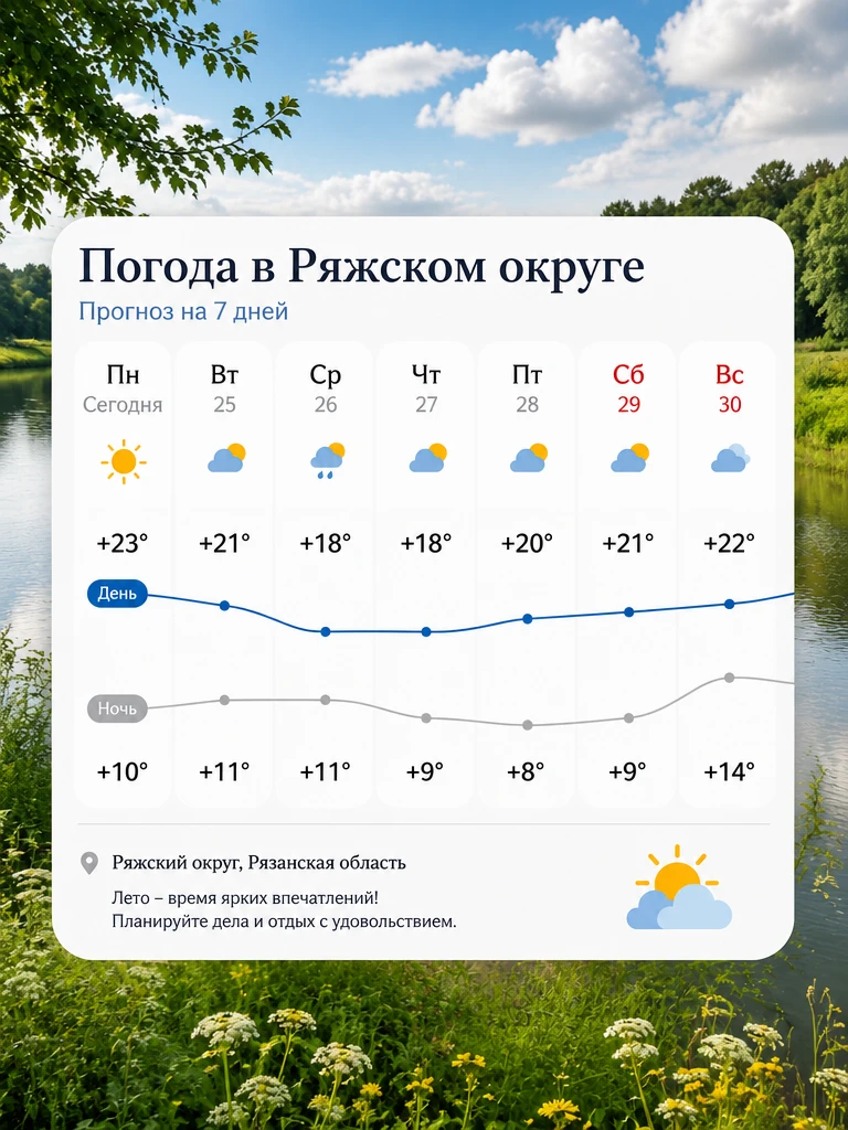 🌼 Доброе утро, дорогие друзья. На этой неделе в Ряжском округе нас ожидает приятная по...
