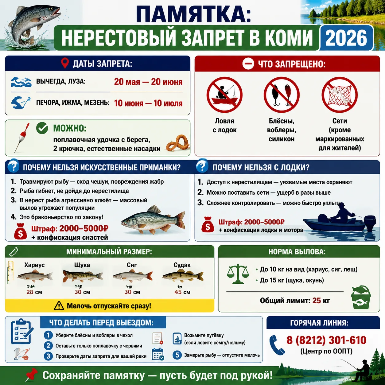 🎣 ПАМЯТКА: НЕРЕСТОВЫЙ ЗАПРЕТ В КОМИ (2026)