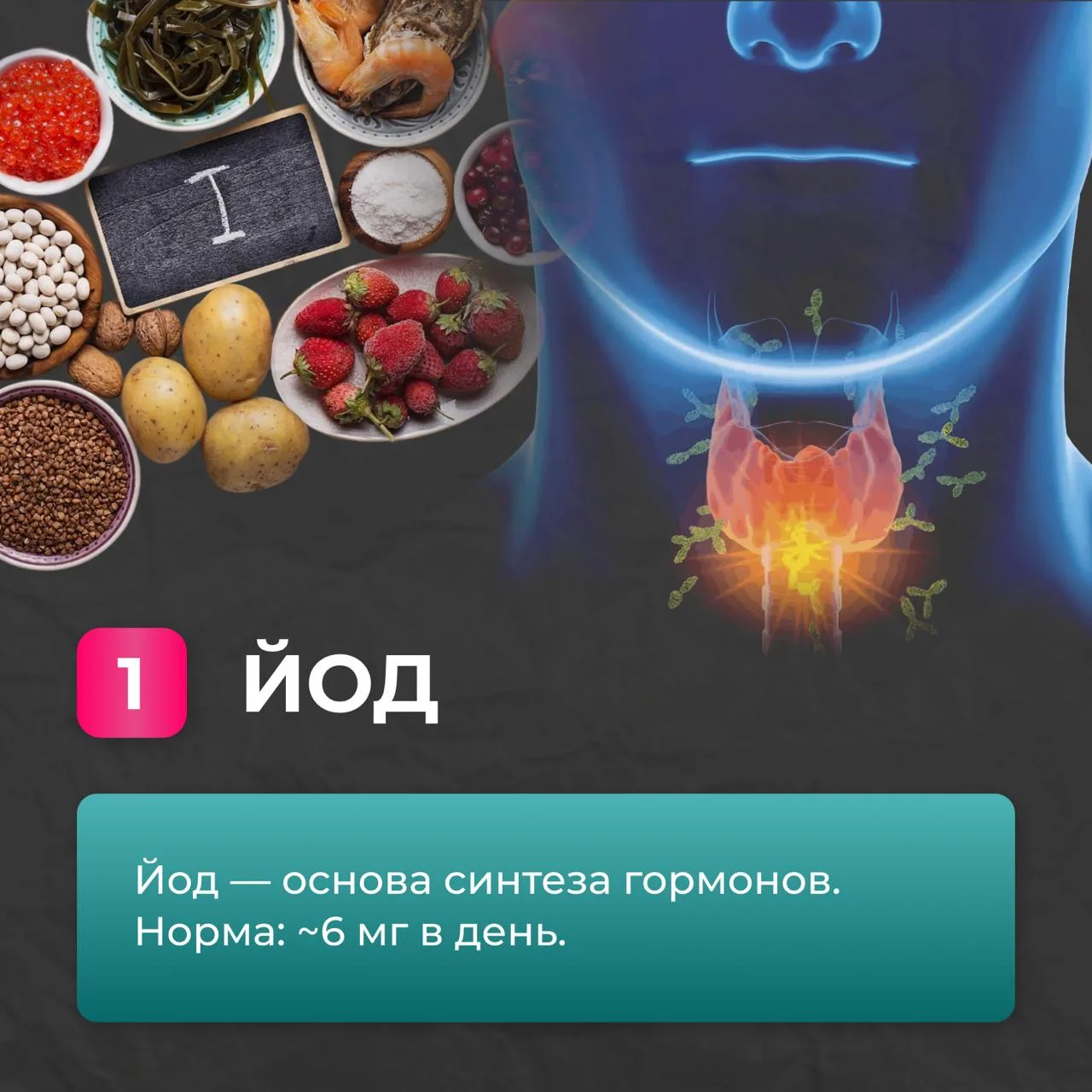 6 ВЕЩЕСТВ, БЕЗ КОТОРЫХ ЩИТОВИДКА РАБОТАТЬ НЕ БУДЕТ  1️⃣ Йод  2️⃣ Белок 3️⃣ Селен  4️⃣ Железо  5️⃣ Ци