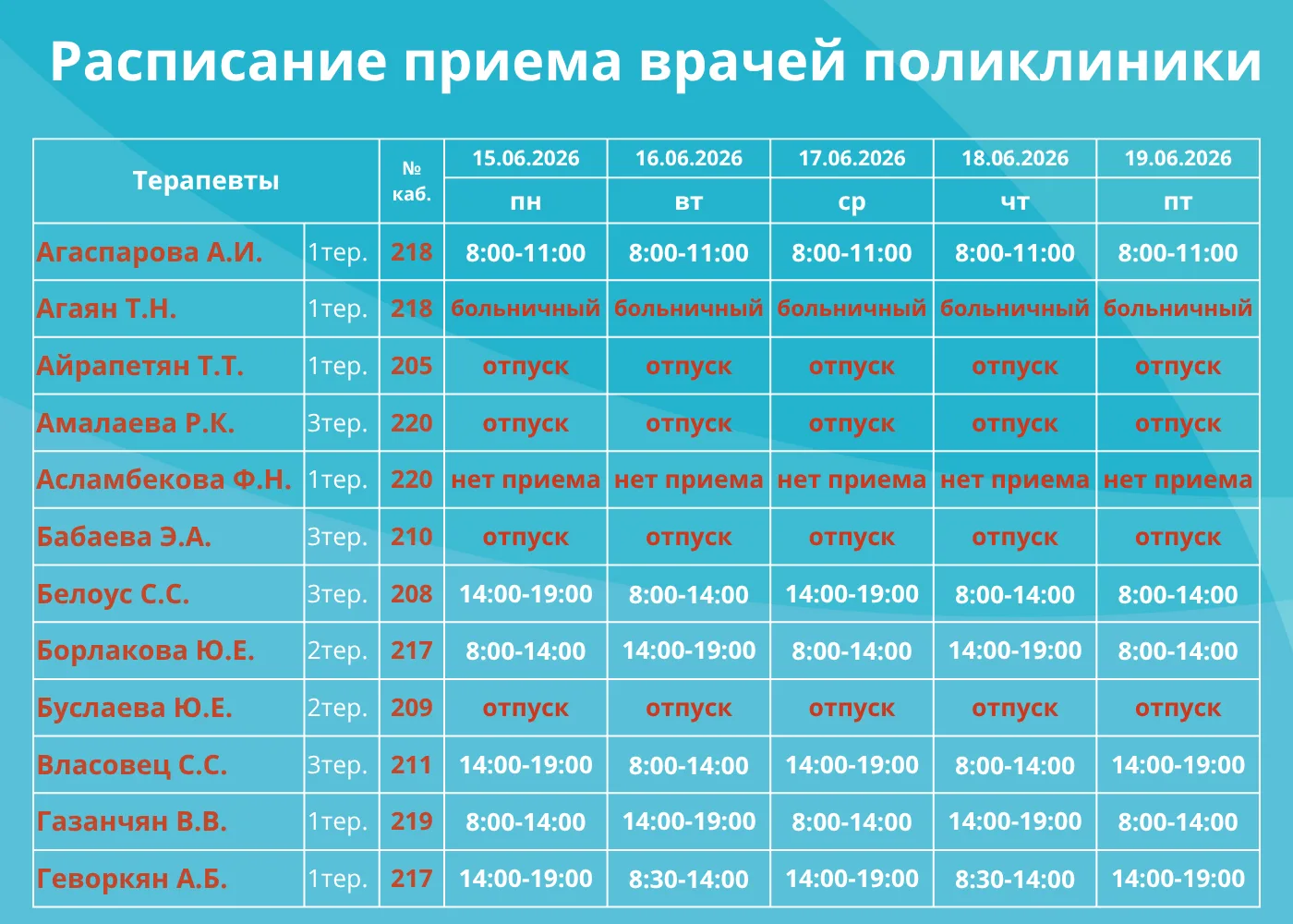 🗓РАСПИСАНИЕ РАБОТЫ ПОЛИКЛИНИКИ

Часы приема врачей поликлиники с 15 по 19 июня. Режим работы терапе