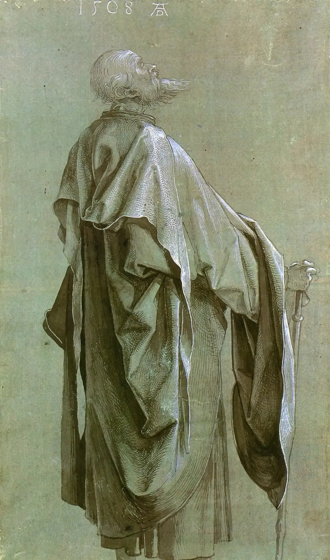 Альбрехт Дюрер
"Драпировки", 1508 г. 

Фигура, изображенная со спины, смотрит вверх, позволяя драпир