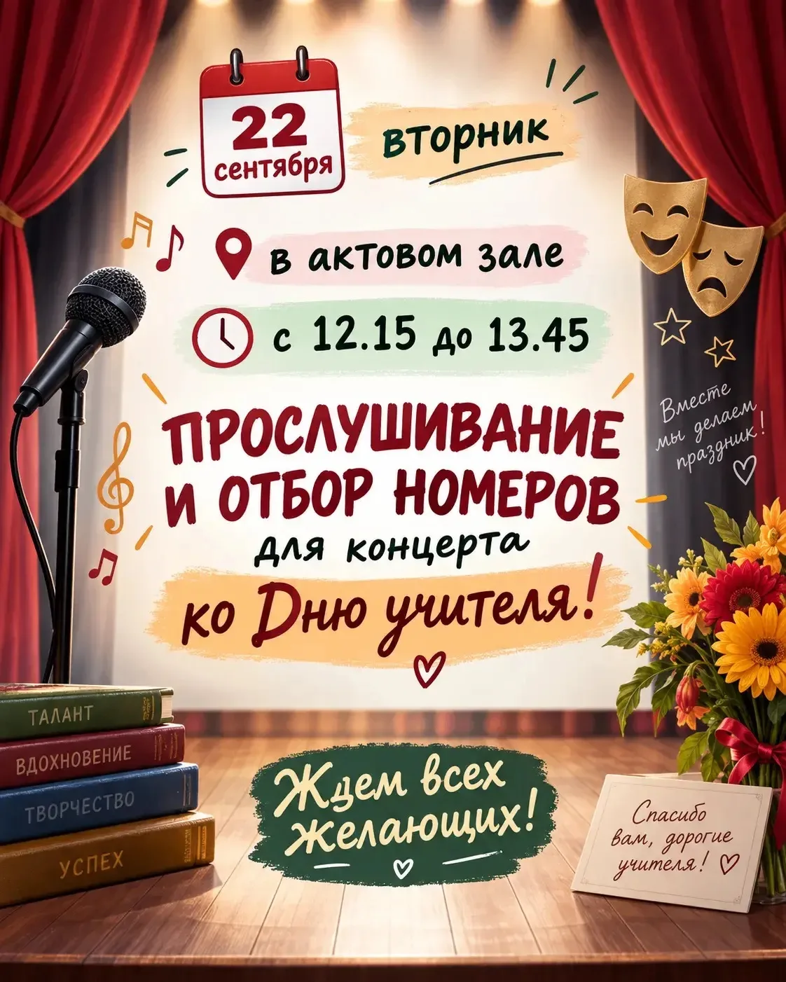 Приглашаем ребят, желающих выступить на концерте ко Дню Учителя, на прослушивание номеров.