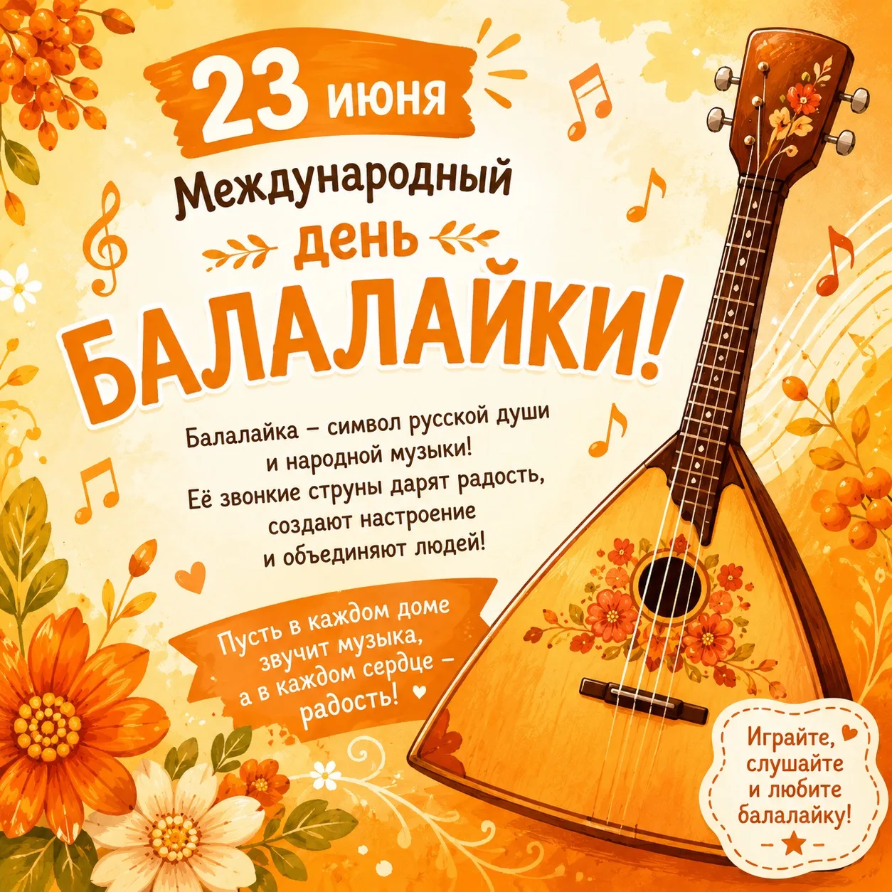 🪕 С Днём балалайки!

Пусть её звонкие струны дарят радость, вдохновляют на пляс и напоминают о бога
