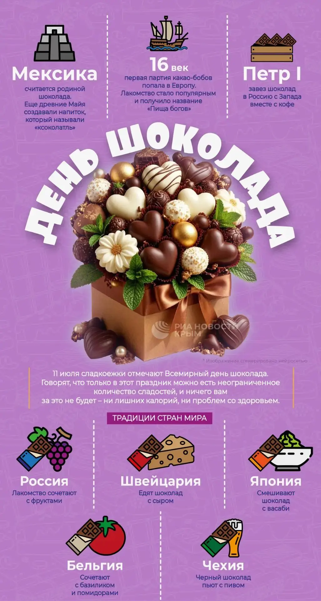 🍫 Праздник сладкоежек: 11 июля отмечают Всемирный день шоколада.