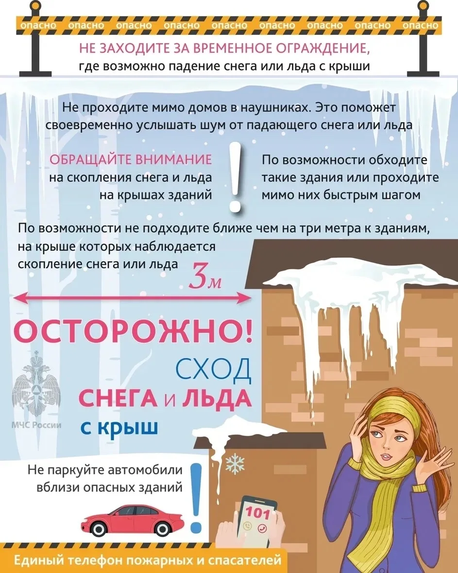 Осторожно, сход снега и льда с крыш!  В связи с активным таянием снега возможен сход снежных масс и 