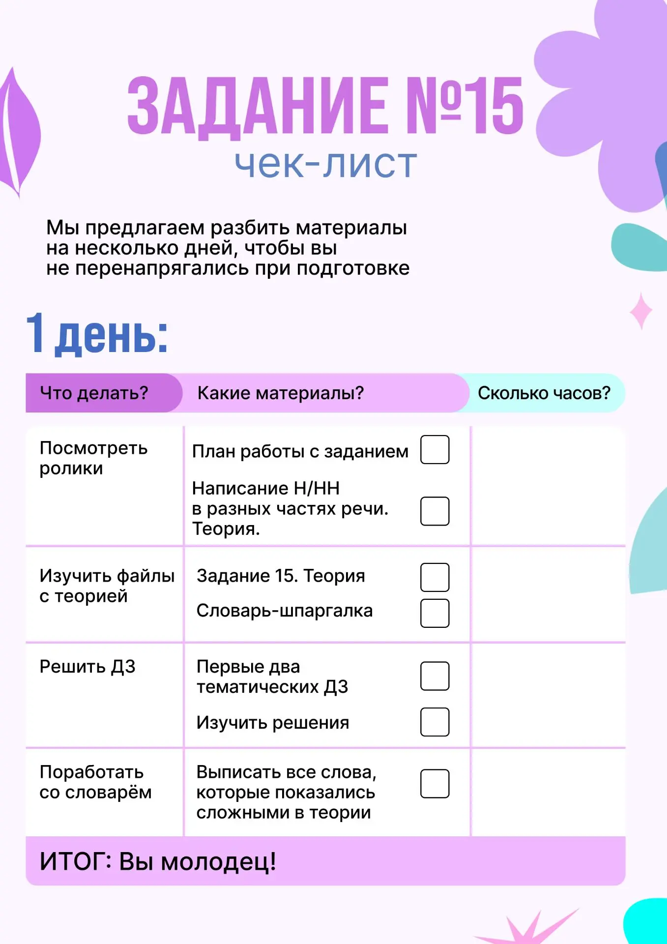А вот и чек-лист от кураторов для грамотного изучения №15 на Летнем курсе 🔥

Когда будете приступат