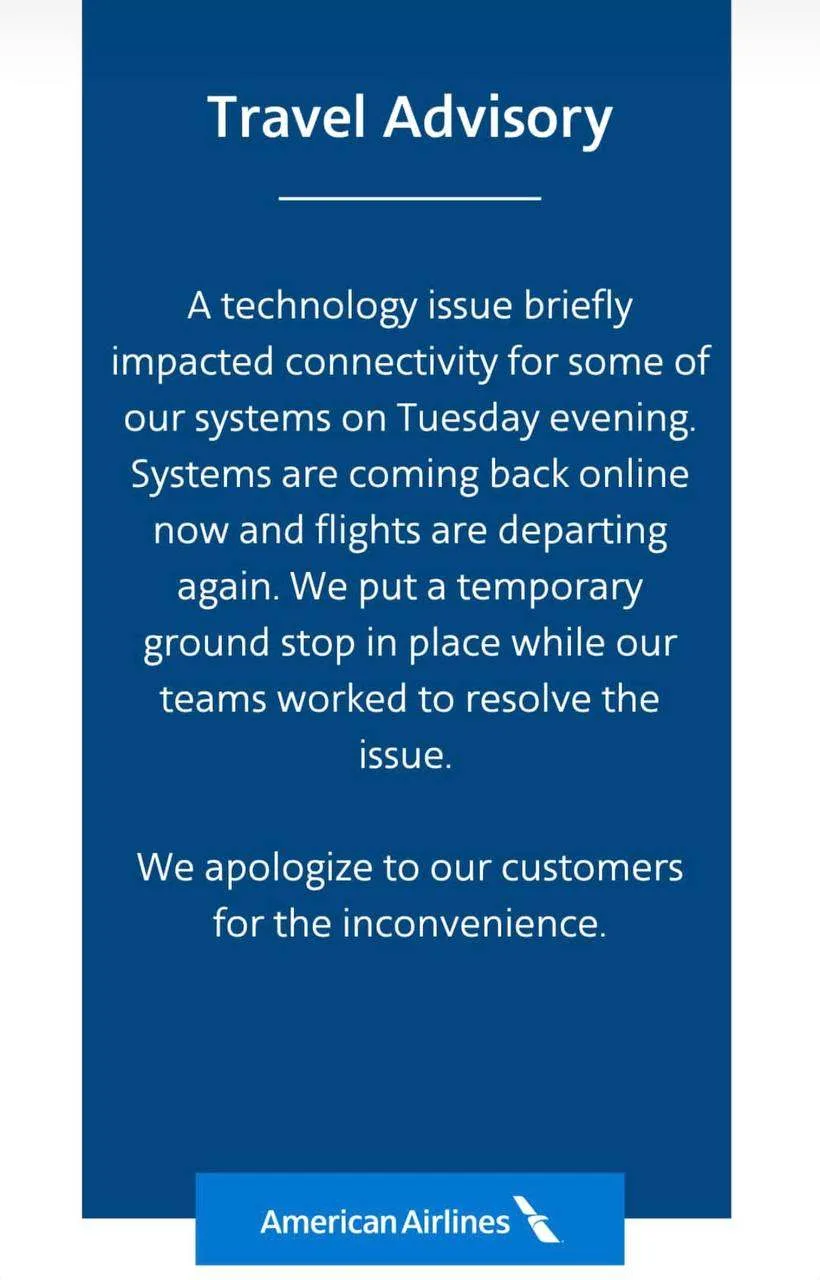 Короткий, но масштабный IT-сбой приостановил все вылеты American Airlines.

Вечером во вторник FAA в
