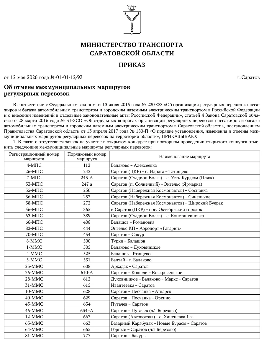 В Саратовской области отменены 28 межмуниципальных маршрутов