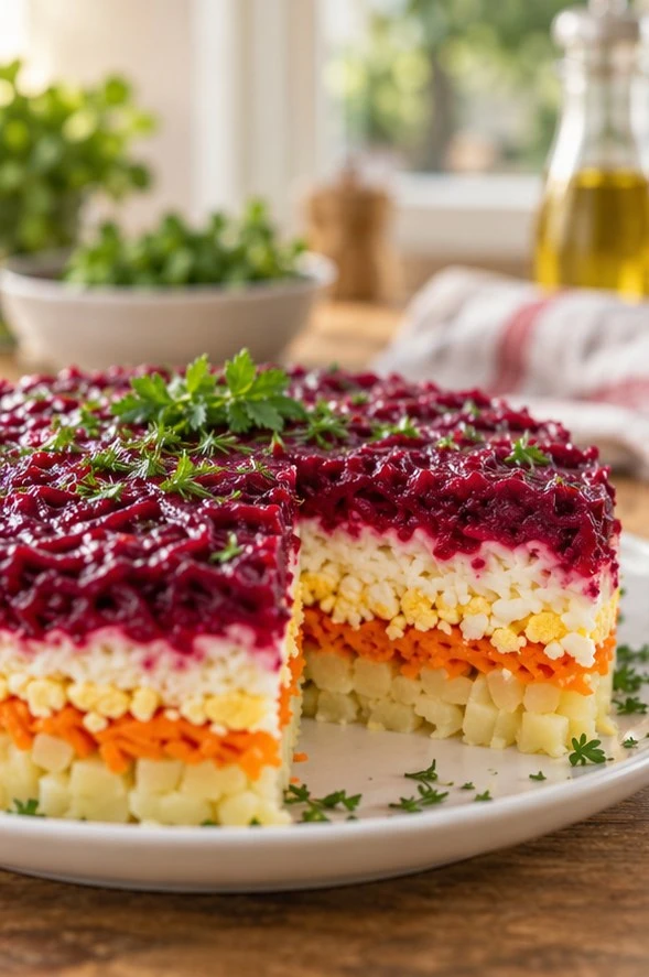 СВЁКЛА В ЭТОМ САЛАТЕ ПОСЛЕДНЯЯ И ТОНКАЯ: ЕЁ СЛОЙ РИСУЕТ РОВНЫЙ КРАЙ СРЕЗА