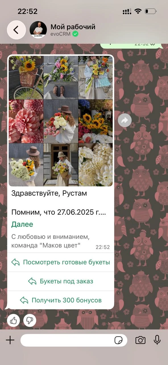 Ну а вот так выглядит это же сообщение, отправленное с помощью WABA* через WAZZUP 

Карточка №1
Прев