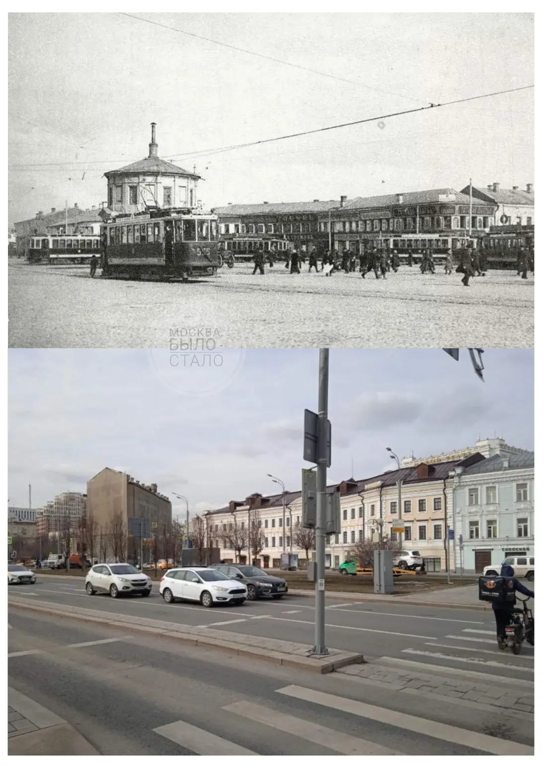 На чёрно-белом кадре Серпуховская площадь в 1912 году. Снимок особенно ценен тем, что запечатлел тра