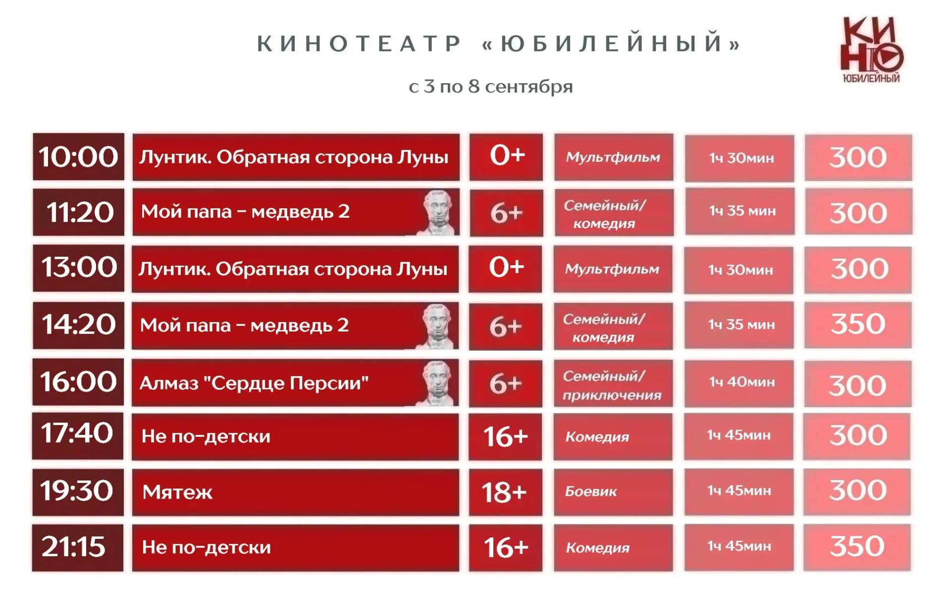 Расписание киносеансов в кинотеатре "Юбилейный"  с 3 по 8 сентября