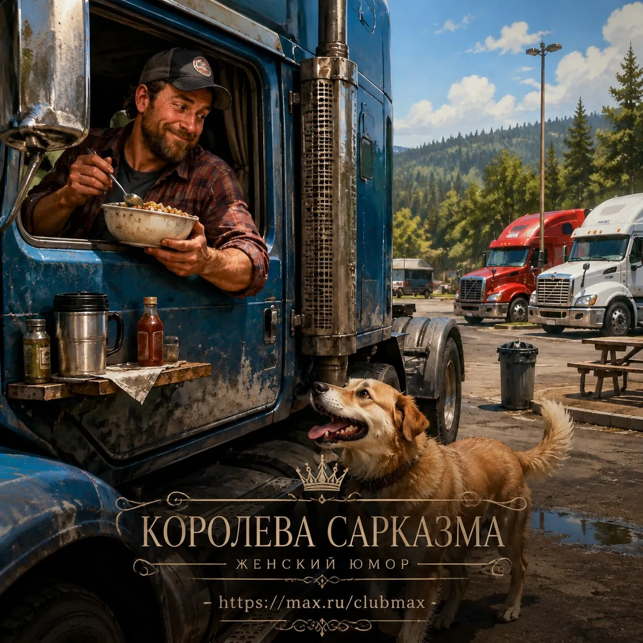Стоит дальнобойщик на стоянке. Еду приготовил, сидит в кабине кушает. Мимо собака проходит:
— Привет