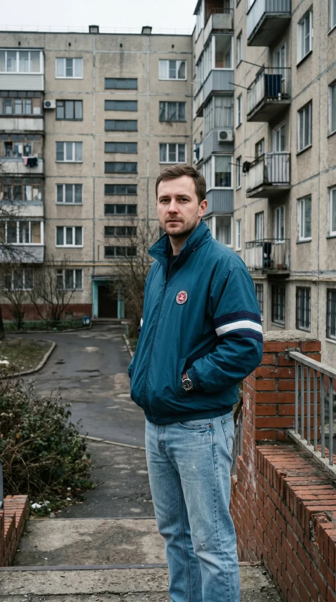 Мужчина стоит возле низкого кирпичного парапета на фоне панельного многоквартирного дома, слегка пов