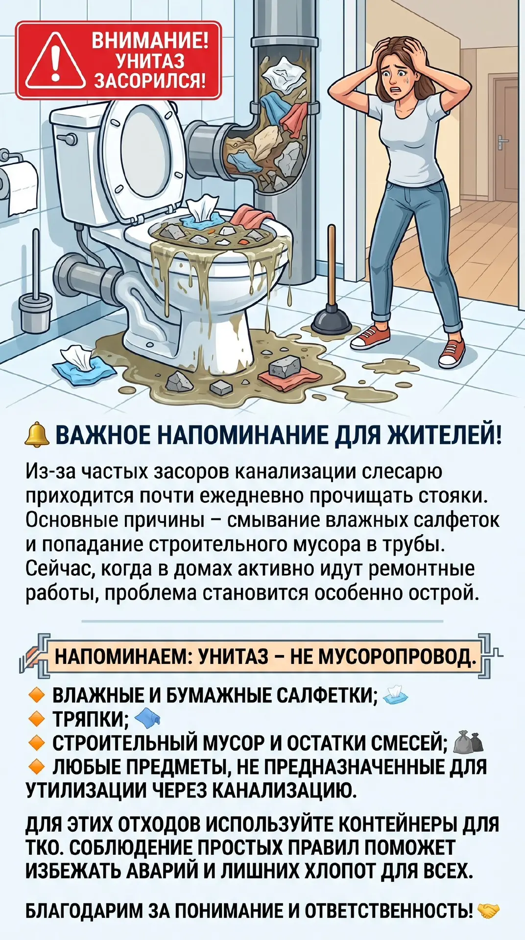 🔔 Важное напоминание для жителей! 

Из‑за частых засоров канализации слесарю приходится почти ежедн