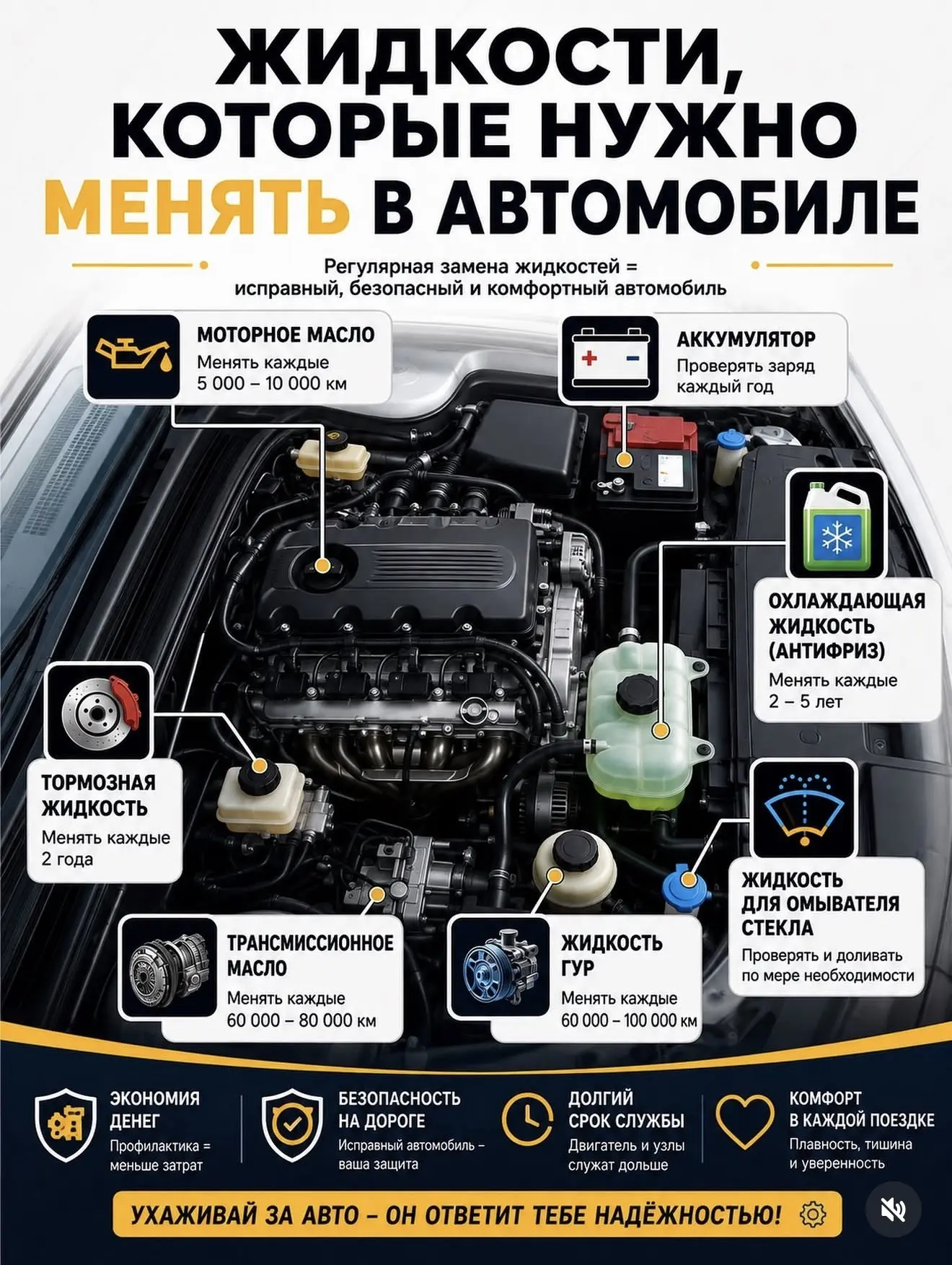 Важная памятка для водителей - жидкости которые нужно менять в автомобиле!
