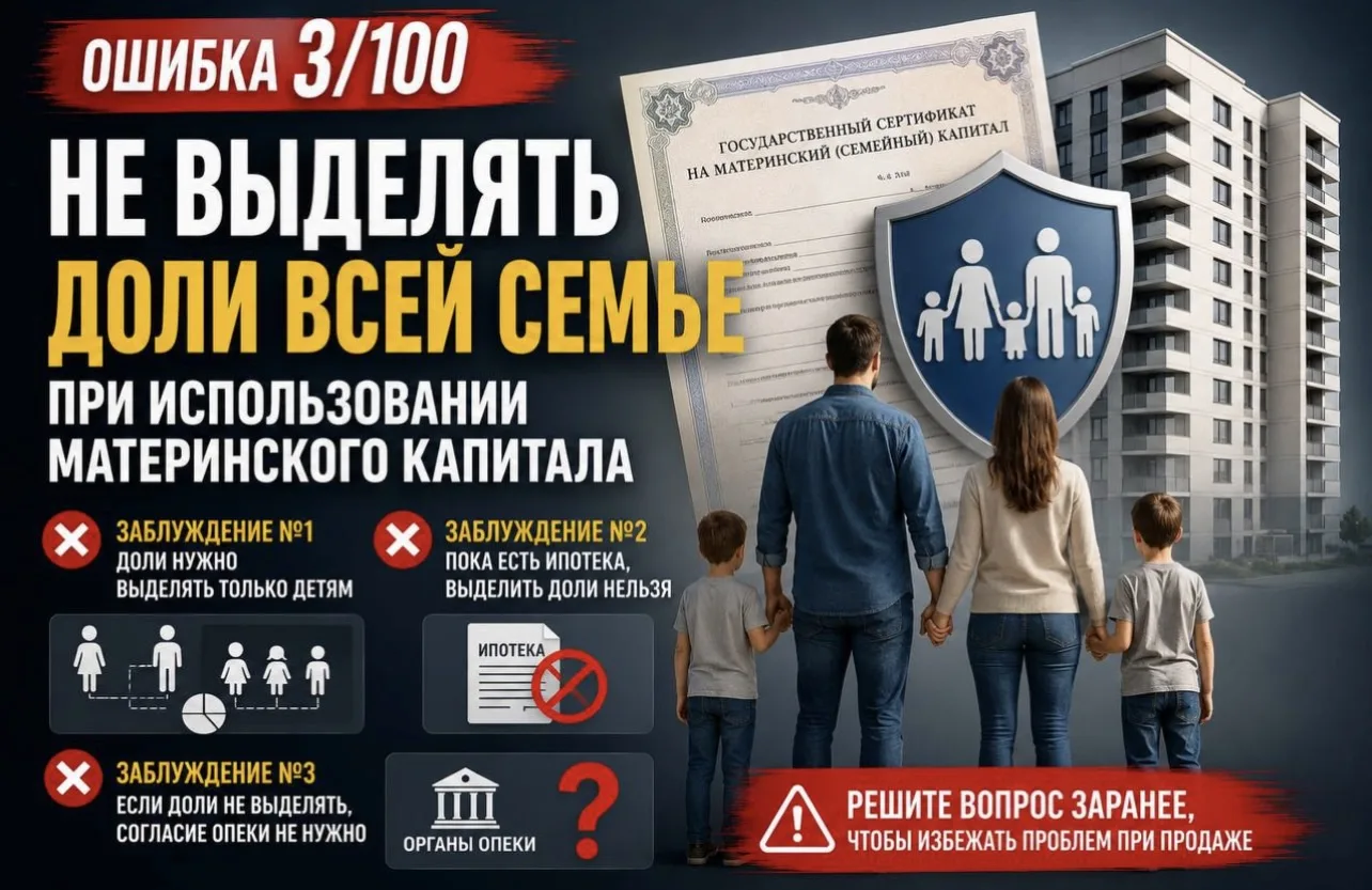 Ошибка 3 из 100. Не выделять доли всей семье при использовании материнского капитала.