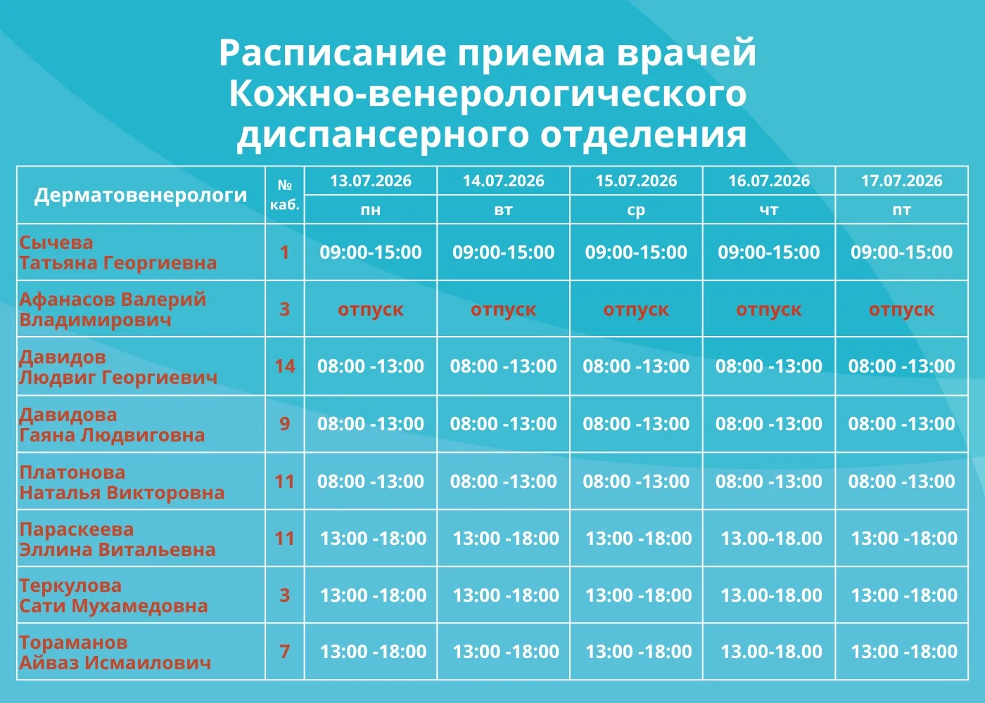 🗓РАСПИСАНИЕ КОЖНО-ВЕНЕРОЛОГИЧЕСКОГО ДИСПАНСЕРНОГО ОТДЕЛЕНИЯ

Часы приема врачей кожно-венерологичес