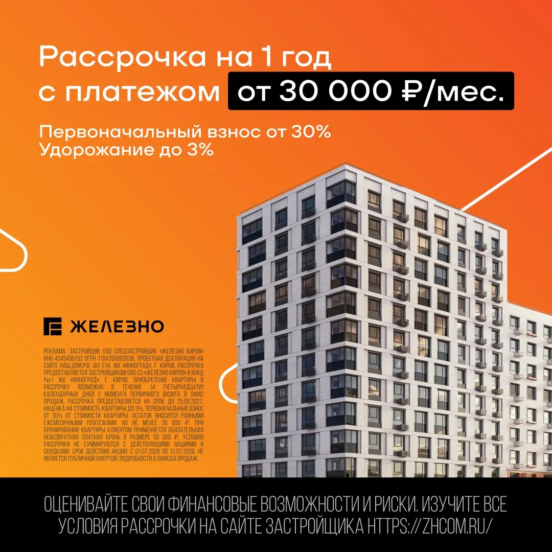 Квартира в Кирове от 30 000 ₽/мес. без банка!