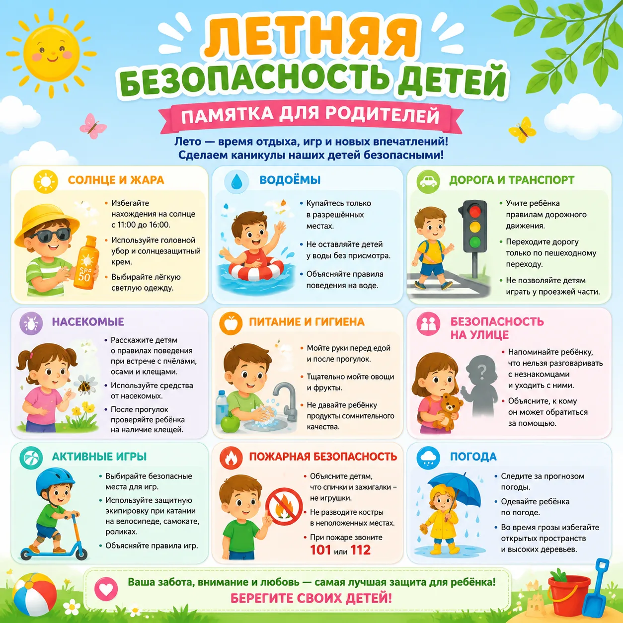 «Летняя безопасность детей» 🌞👫🚧
Лето — пора ярких впечатлений, прогулок и игр на свежем воздухе. 