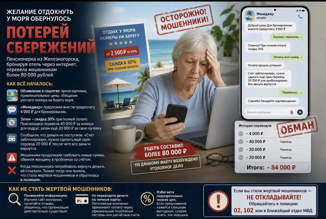 Для пенсионерки из Железногорска желание отдохнуть у моря обернулось потерей 80 тысяч рублей
 
👩‍💻