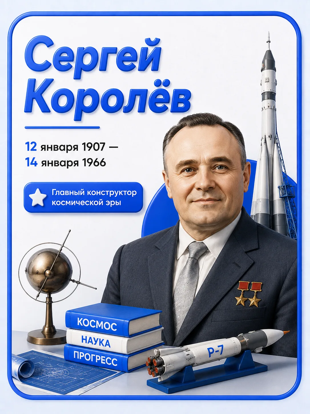 Знаменитый россиянин 🚀

«Космос — это будущее человечества.» 
Сергей Королёв

Имя Сергея Королёва д