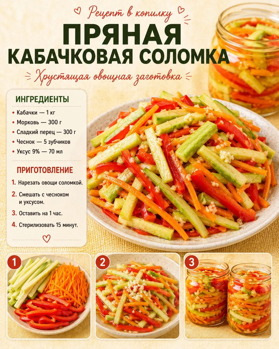 Пряный салат из кабачков 🌶 Яркая овощная соломка с чесночным вкусом

Ингредиенты: 
кабачки — 1 кг; 