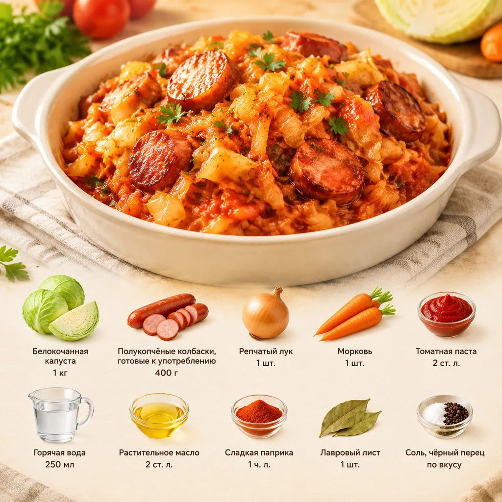 Капуста с колбасками в томатном соусе 🤤