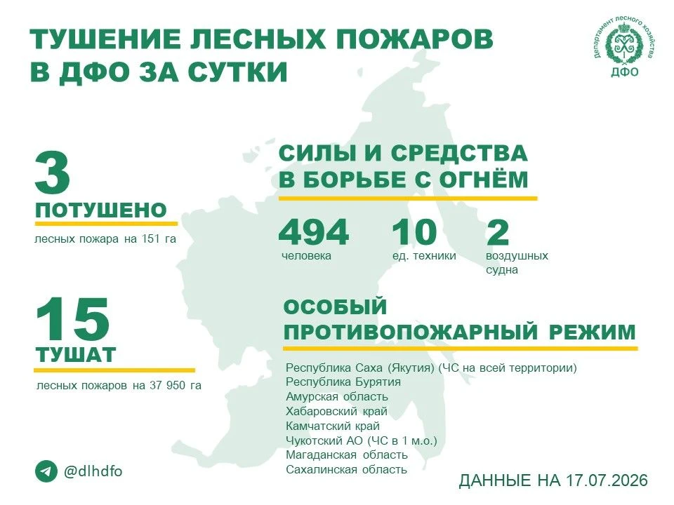 👩‍🚒За прошедшие сутки в регионах ДФО потушили 3 лесных пожара, продолжается тушение 1...
