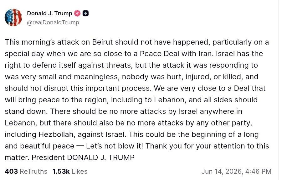 «Не должна была произойти».

Трамп в Truth Social осудил атаку на Бейрут.

Американский президент пр