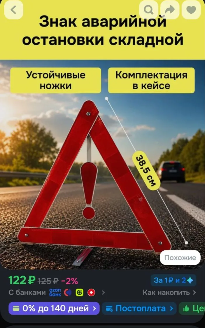Знак аварийной остановки / Треугольник светоотражающий, 1 шт