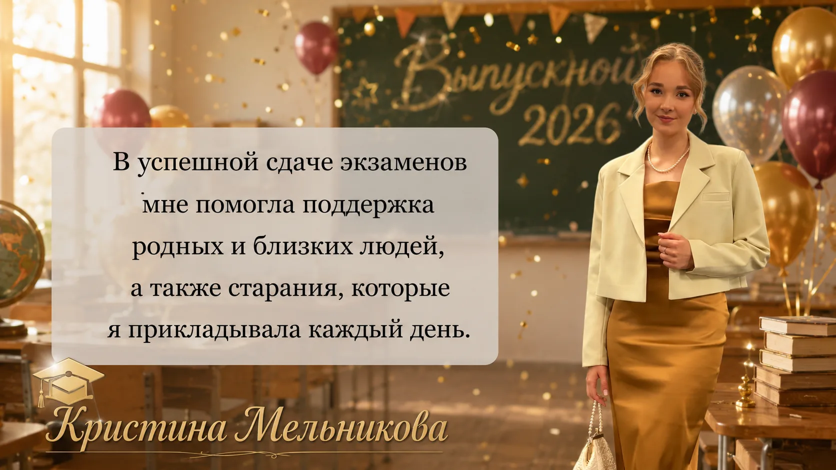 В успешной сдаче экзаменов мне помогла поддержка родных и близких для меня людей, а также старания, 