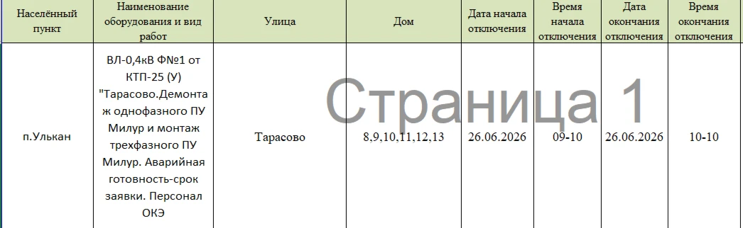 Плановые работы п. Улькан на 26.06.26г.