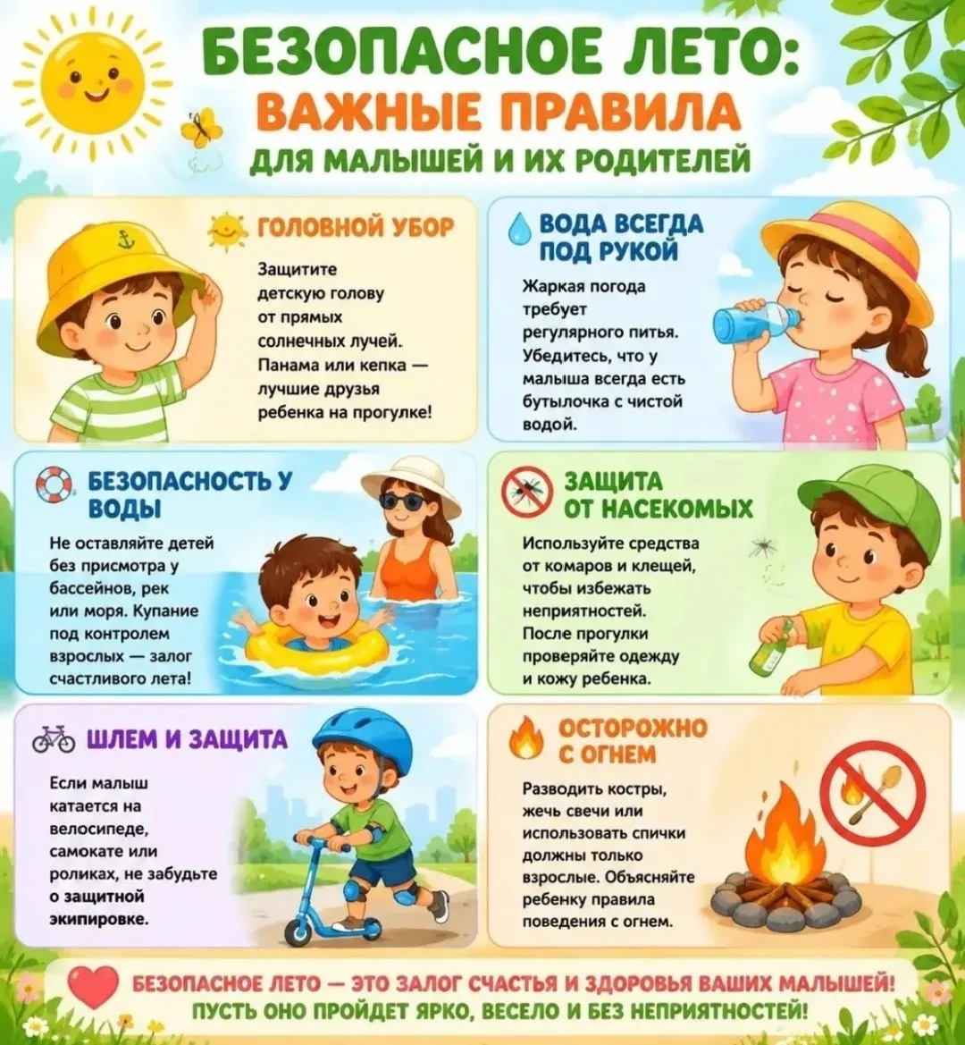☀️ Безопасное лето: важные правила для малышей и их родителей 🌿

Дорогие родители! Лето — время рад